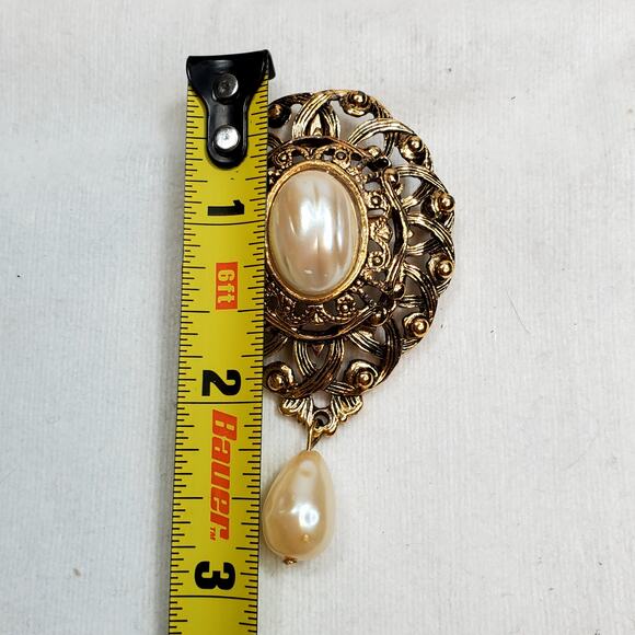 Faux Pearl Cabochon Filigree Dangle 3" Brooch Pin Vtg Ornate - Picture 4 of 4